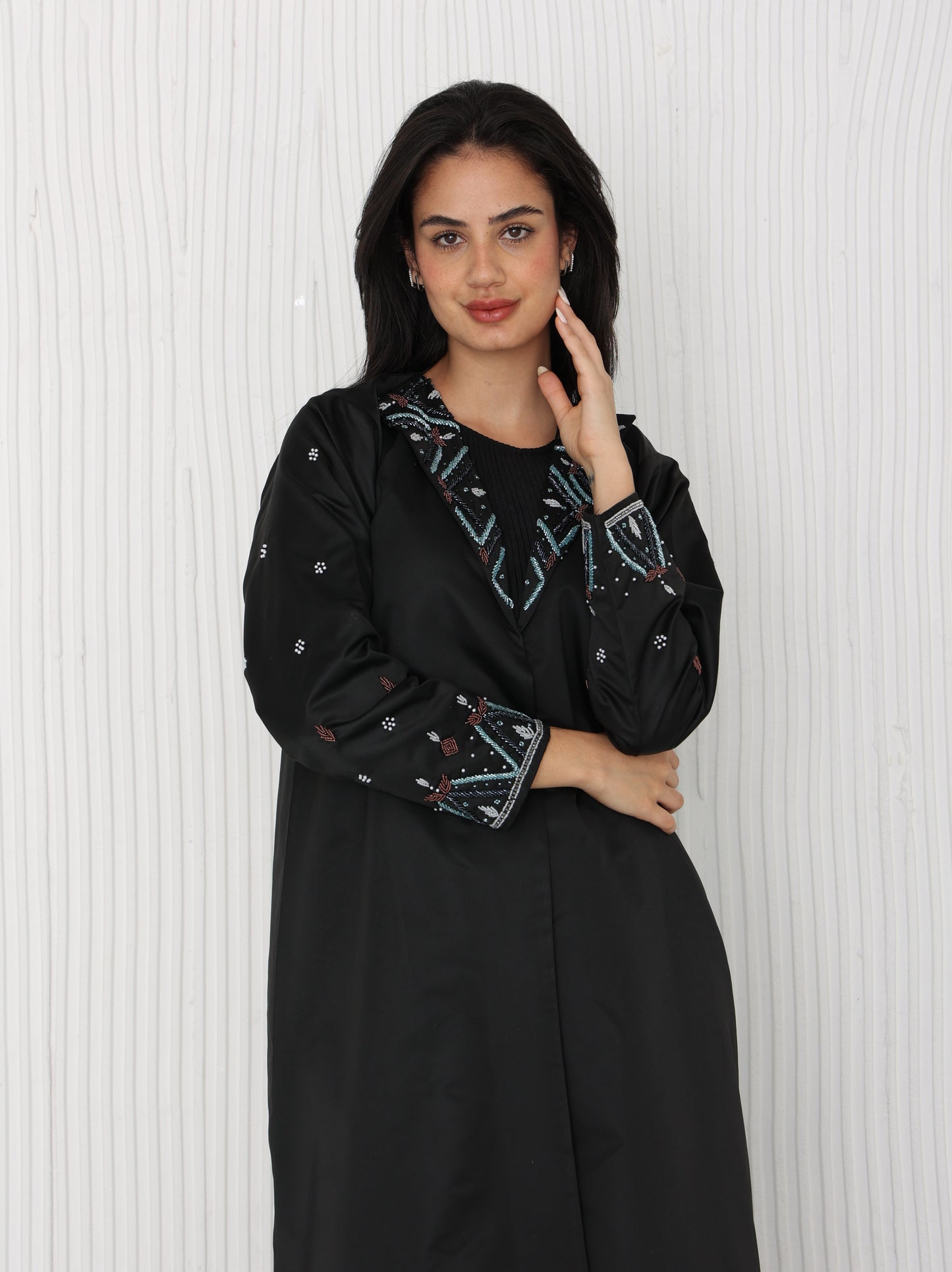 Black Viktoria Satin Abaya with Hand Embroidery