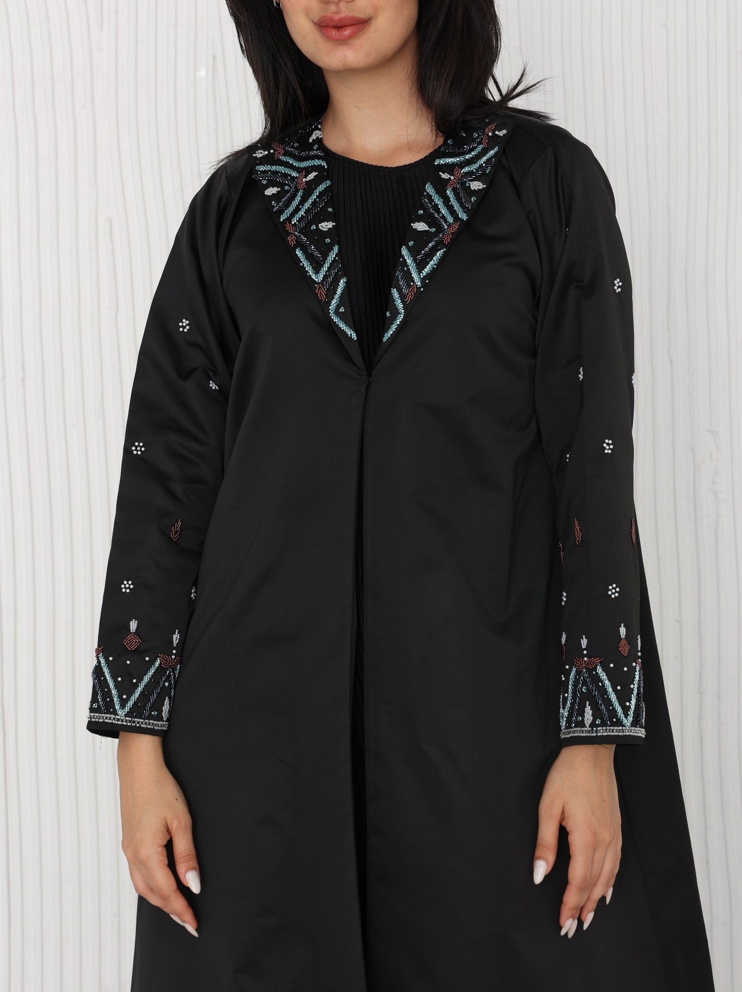 Black Viktoria Satin Abaya with Hand Embroidery