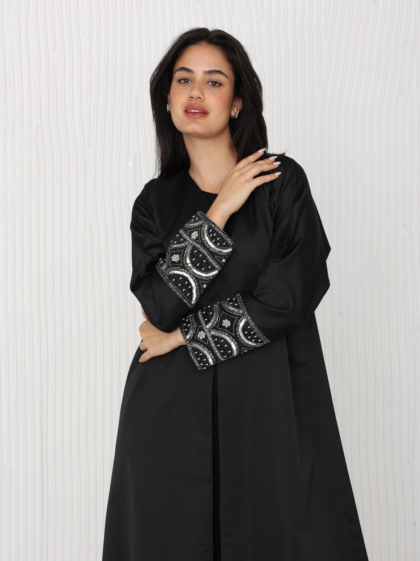 Black Bridal Satin Abaya with hand embroidery Detailing on sleeves