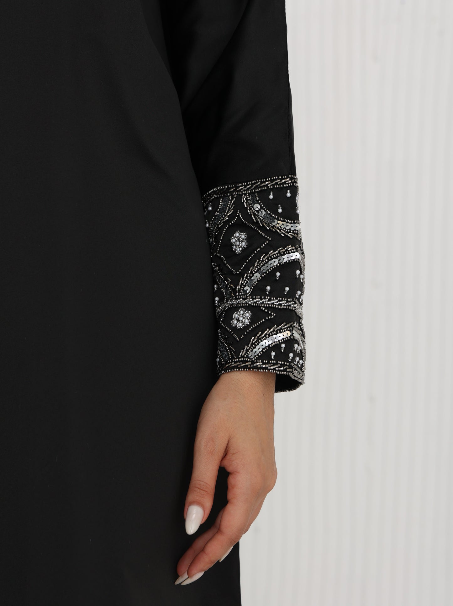 Black Bridal Satin Abaya with hand embroidery Detailing on sleeves