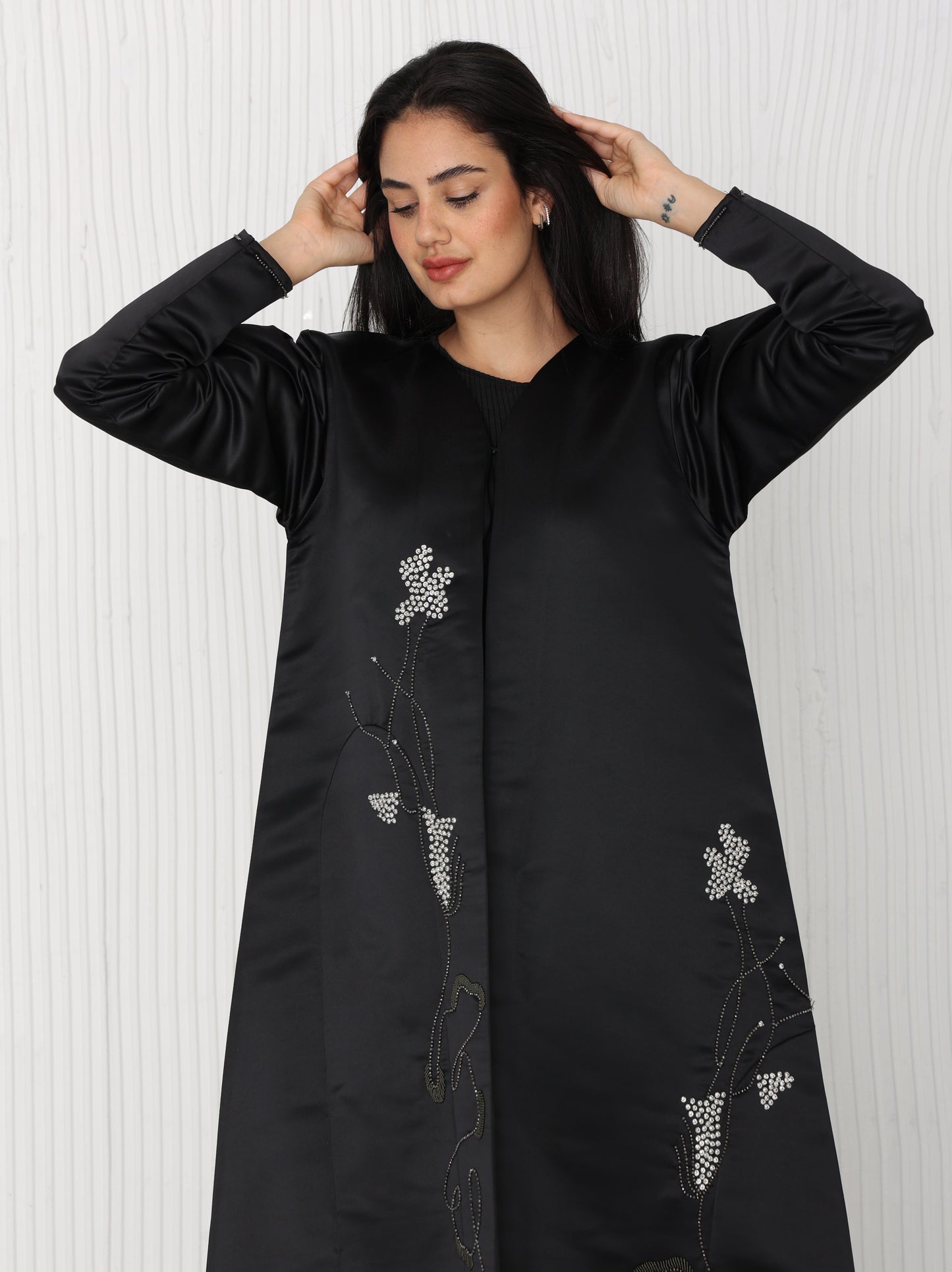 Black Bridal Satin Abaya with Hand Embroidery